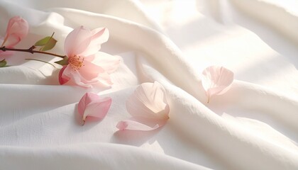 白い布に散らされたピンクの花びらが映える静かな春のコピースペース 4kリアリスティック
