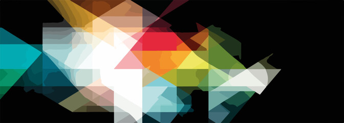 Abstrakte geometrische Formen und Linien in verschiedenen Farben auf schwarzem Hintergrund, Vektorgrafik.