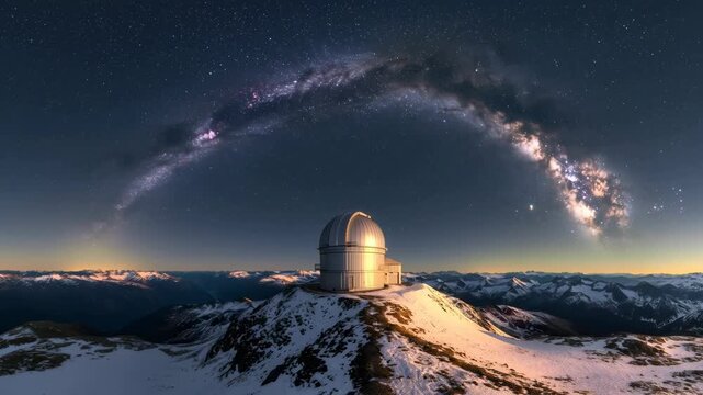 Astronomical observatory on a snowy mountain peak under a vibrant milky way and starry night sky time-lapse footage