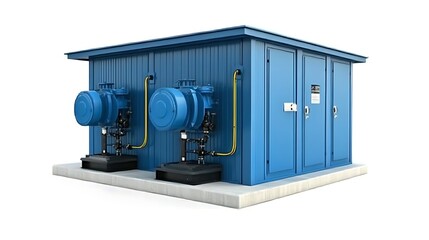 Blue Industrial Building with Pumps and Piping on White Background Studio Shot