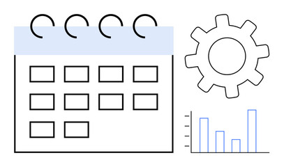 Calendar with ring binders, gear symbol, and bar chart signifies planning, process management, and data analysis. Ideal for productivity, organization, workflow, business analytics time management