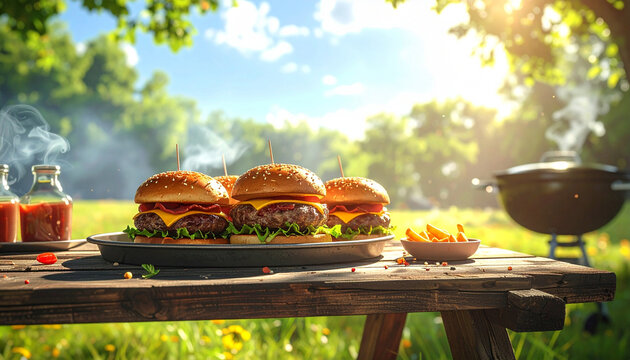Delicious gourmet burgers sizzling on a grill, perfect for a sunny outdoor barbecue feast