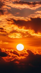 Bright White Sun Amidst Fiery Orange Clouds Dramatic Sky at Dusk Scenery