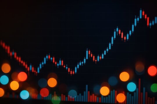 Financial market candlestick chart with bokeh lights, stock trading, investment growth