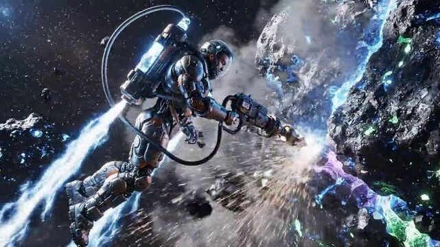 Futuristic astronaut in deep space battles asteroid with advanced technology.