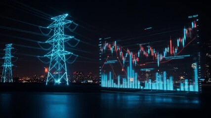 Night cityscape with glowing blue power pylons, reflective water, and neon data charts. silhouettes - Powered by Adobe