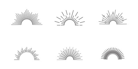 Collection of hand drawn boho sunburst and sunrise icons Radial fireworks burst, sunset and sunrise, star beams, sparkle elements. eps 10