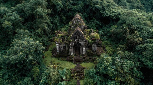 Ancient stone temple ruins, overgrown by lush green jungle, aerial view - Powered by Adobe