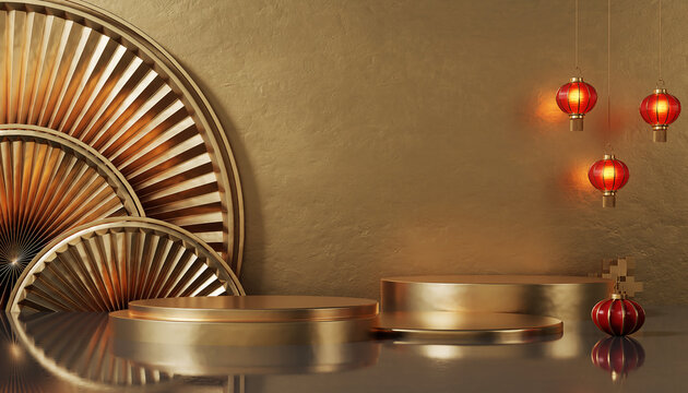 Golden Oriental Arch Stage for Lunar New Year Celebration