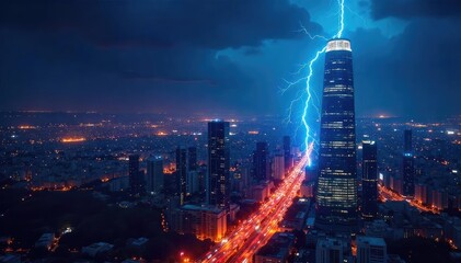 A fast-paced, dynamic cityscape at night, with a bolt of lightning striking a skyscraper, symbolizing rapid business growth and innovation , power, strategy, corporate