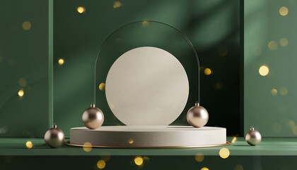 Premium 3D Christmas podium with warm lighting and geometric shapes, minimal luxury scene perfect for product display or festive advertising