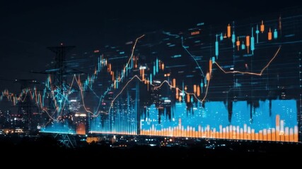 Nighttime city glows with neon blue; financial candlesticks overlay the skyline across city lights!! - Powered by Adobe