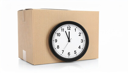 Urgent package delivery concept for labor market facing time shortages. clock on cardboard box symbolizes pressing deadline and stress of punctual shipping