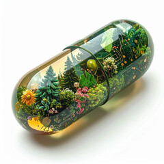 Hopeful drug discovery concept powered by ai technology. transparent capsule holds miniature forest symbolizing breakthrough in natural medicine and biotechnology