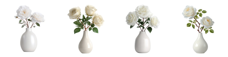 Elegant white roses bloom gracefully in minimalist vases, radiating purity and calm, perfect for adding a touch of sophistication and serenity to any space