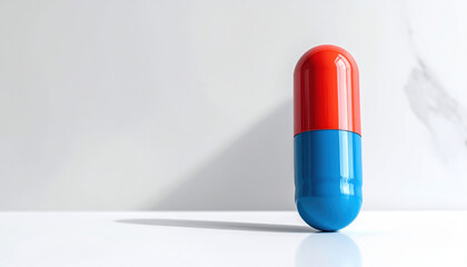 Red and blue capsule stands upright representing breakthrough in pharmaceutical drug discovery. hopeful concept shows how ai helps medical innovation and technology