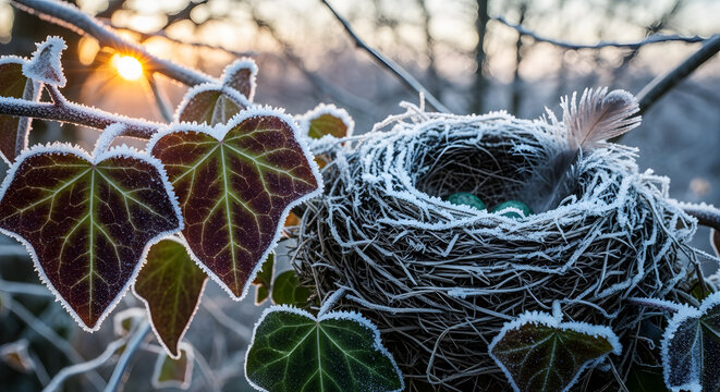 Bird's nest with blue eggs and a feather, adorned with frost on branches and ivy leaves at sunrise