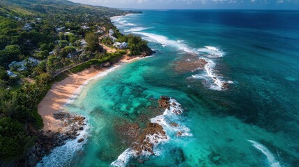 Breathtaking aerial view of a pristine tropical beach, clear turquoise ocean, and lush green island landscape with coastal villas.