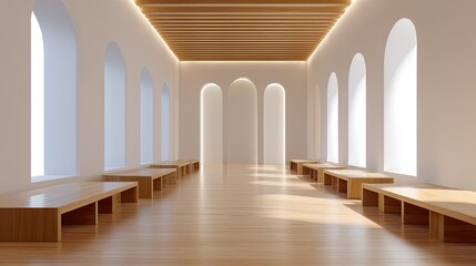 Naklejka premium Modern minimalistic interior with wooden benches, high arched windows, and elegant lighting highlighting spacious architectural design elements