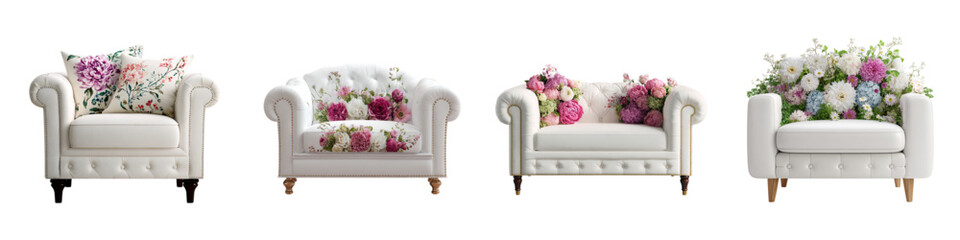 Elegant collection of white armchairs, each adorned with unique floral arrangements, perfect for home decor inspiration, interior design projects, and spring promotions