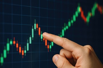 Person's finger pointing at stock market candlestick chart showing upward trend, trading analysis, finance data, investment opportunities