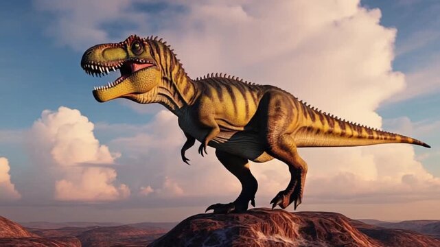 Tyrannosaurus rex standing on a rocky outcrop against a cloudy sky at sunset or sunrise dinosaur video