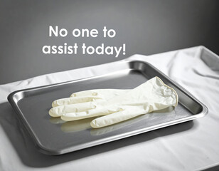 Sterile glove on metal tray somber sign of current labor market shortages. serious problem in healthcare with no one available to assist today
