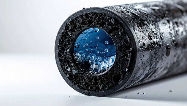 Innovative clean water purification technologies using carbon filter system pipe showing fresh liquid. This advanced filtration represents pure and safe new modern solution