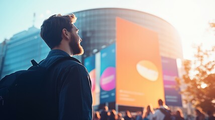 Urban convention center scene with people gathered outside in lively atmosphere captured during early evening