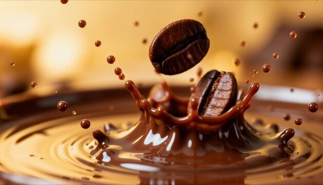 coffee beans being dropped into melted chocolate, rich mocha fusion, perfect for world chocolate day, chocolate covered anything day, and gourmet coffee shop promotions