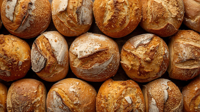 Freshly baked bread rolls with a golden crust and sesame seeds wallpaper 4k, generative ai