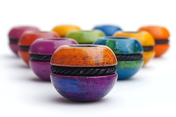 Colorful Wooden Beads Stacked with Black Cord on White Backdrop in Macro View