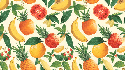 Seamless pattern with tropical fruits and leaves on light background wallpaper 4k, generative ai
