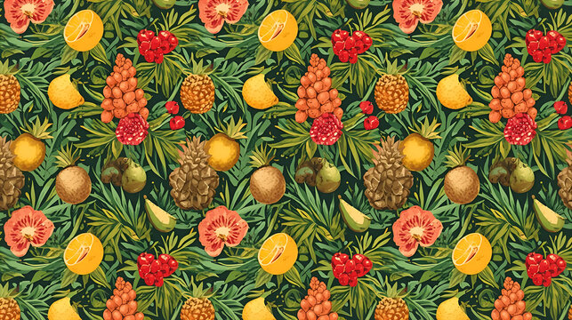 Seamless pattern with tropical fruits and leaves on dark background wallpaper 4k, Generative AI