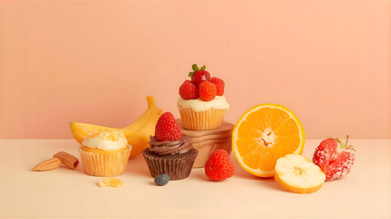 Delicious cupcakes and fresh fruits assortment on a white table wallpaper 4k, generative ai
