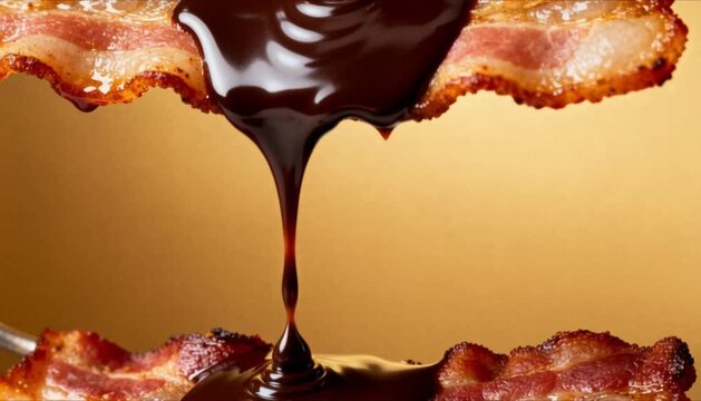 slice of cooked, crispy bacon being completely drenched in a wave of rich dark chocolate, unique savory sweet dish, perfect for world chocolate day, chocolate covered anything day