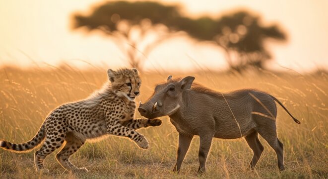 A cheetah and a warthog interact in a