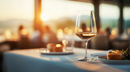 Golden sunset bathes stylish restaurant interior showcasing elegant decor and cozy atmosphere, where diners savor gourmet food and fine wine for luxurious evening dining experience.