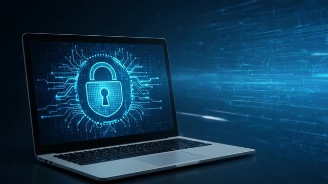 Laptop emits blue cyber lock hologram amid streaming digital data in neon cyberspace. Neon glow now
