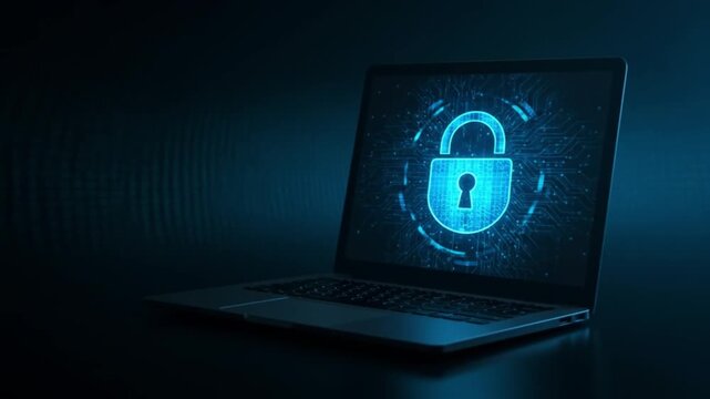 Laptop glows with a bright blue digital lock on screen symbolizing cybersecurity and data protection