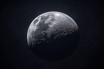 Detailed Lunar Surface with Visible Craters Against a Starry Sky Background, Close Up View