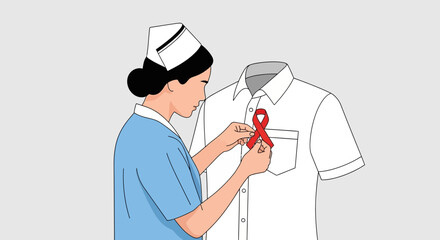World AIDS Day Healthcare Worker Placing Red Ribbon on Uniform for Awareness