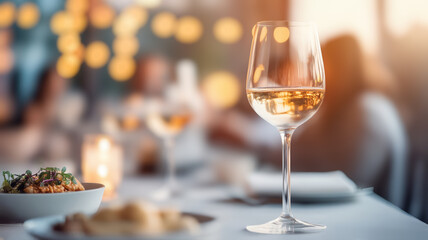 Glow of elegant restaurant interior scene, capturing refined table settings, sparkling wine glasses, and exquisite cuisine, creating cozy evening ambiance for truly intimate dining indulgence.