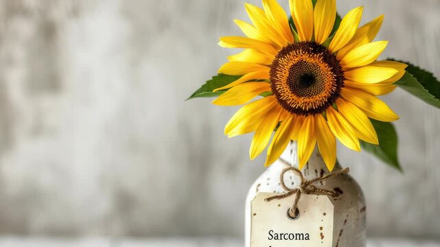 Sunflower in jar with "Sarcoma Awareness" tag indoors - Powered by Adobe