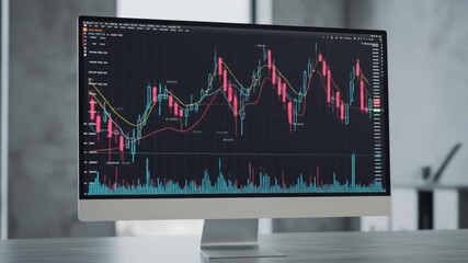 Sleek monitor on a clean desk displays a candlestick chart with red and green lines plus volumebars - Powered by Adobe