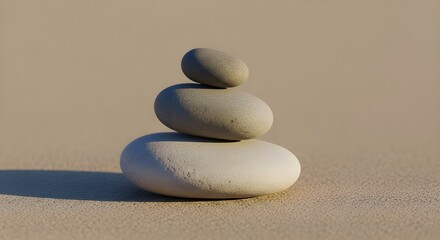 zen stones on sand_Three smooth pebbles stacked in balance on warm ground softly lit for wellness themes.