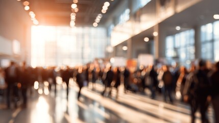 Convention Center Blur: A blurred background of a convention center or large event space, with people gathered for a business event. High quality