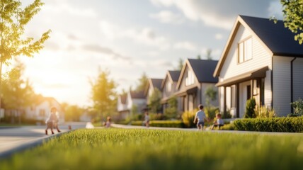 Suburban children playing outdoors amidst inviting houses and vibrant greenery, bathed in warm golden afternoon light, depicting blissful neighborhood lifestyle.