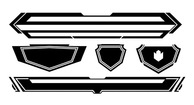 Set of black vector graphic elements. Modern futuristic shields, banners, and emblems perfect for gaming logos, esports team insignia, and tech branding.
