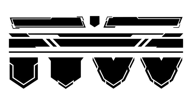 Isolated collection of modern sci-fi graphics. Includes tech banners and shields, perfect for esports logos, game UI elements, or futuristic branding.